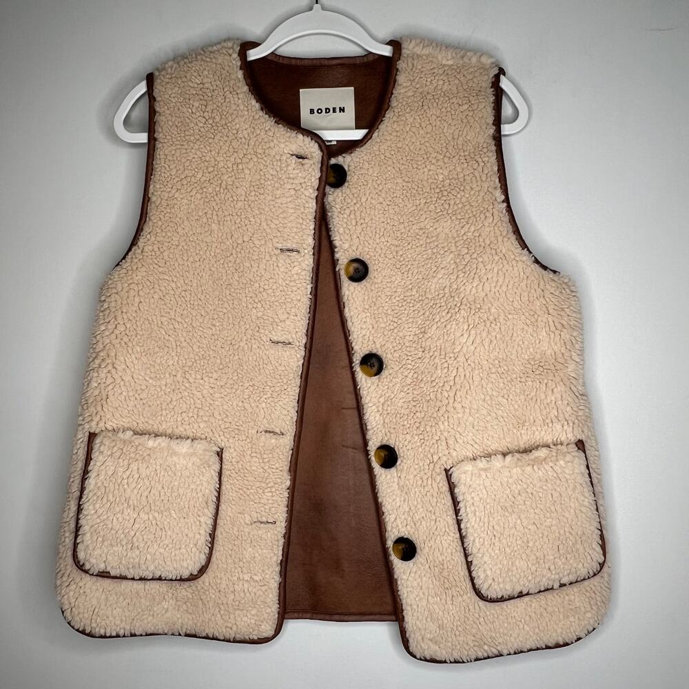 Boden Cream Faux Fur Clerkenwell Borg Button Gilet Vest Size 2 - Picture 3 of 9
